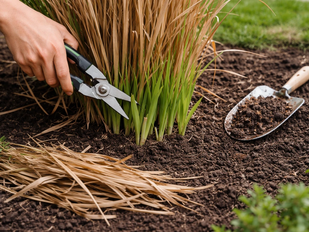 Hand knipt oude miscanthusbladeren vlak boven nieuwe groei; mulch/compost klaar op de grond.