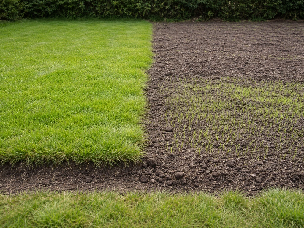 Zijaanzicht van een grasperk met een opgehoogd deel naast een vernieuwd stuk met losgewerkte grond en nieuw gras