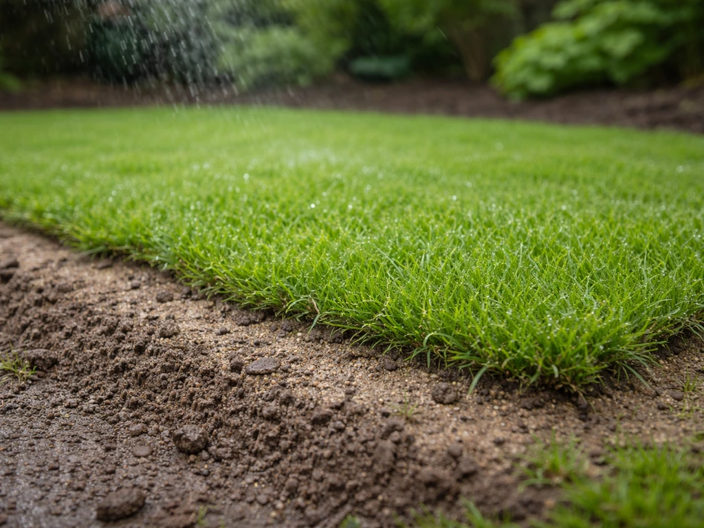 Close-up van vochtig vers gras op een onlangs opgehoogde strook, met de toplaag net bewaterd.