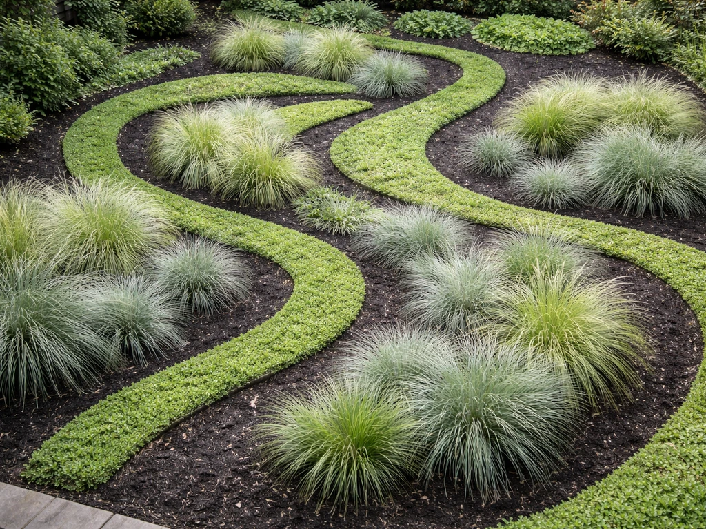 Siergraspollen in een duidelijk tuinpatroon (gras art) met contrast in hoogte in een verzorgde achtertuin.