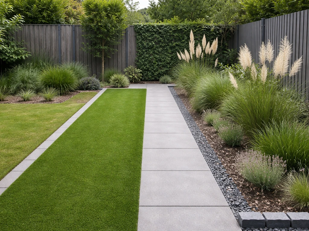 Nederlandse tuin met kunstgrasstrook als decoratieve gras art en siergrassen als natuurlijke accentbeplanting.