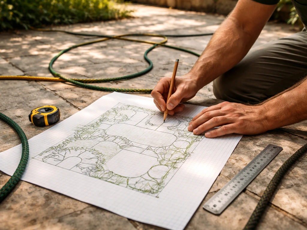 Close-up van een tuinplan-schets op papier met tuinslangen/koord op de grond voor zon- en halfschaduwzones.
