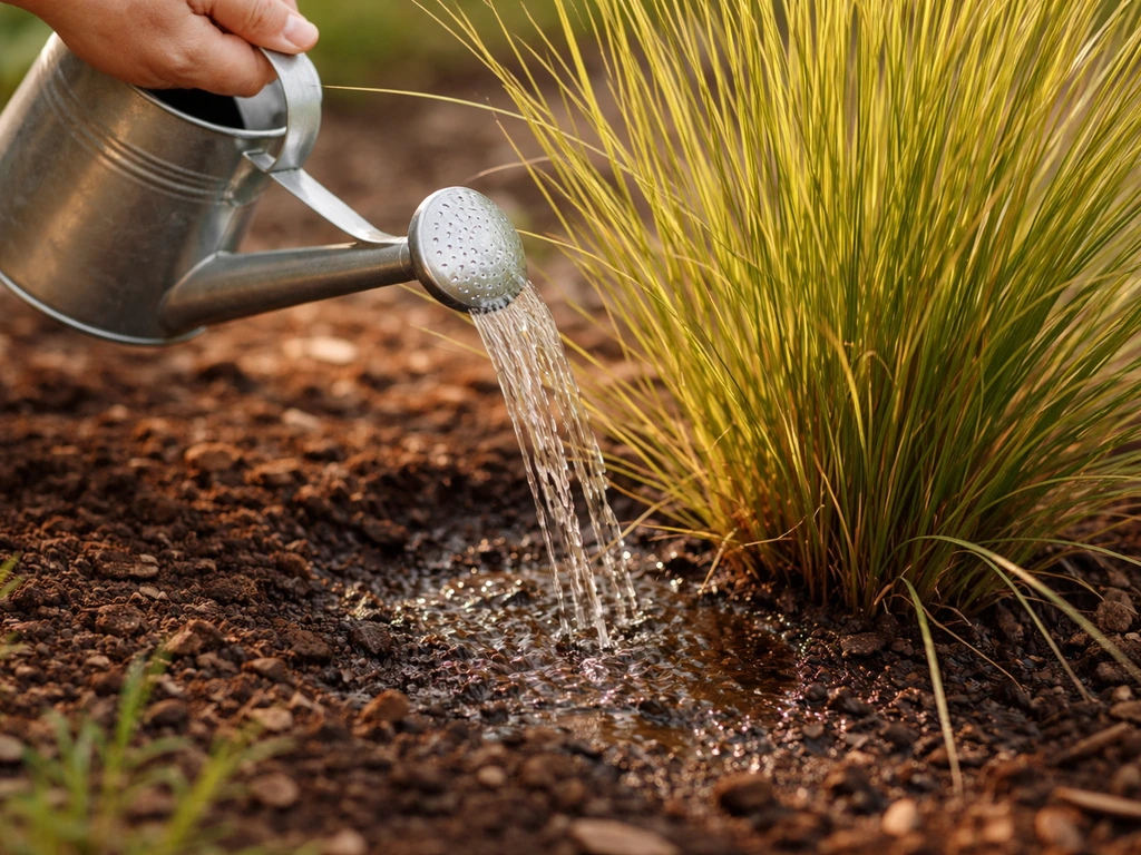 Hand met gieter geeft gericht water aan de voet van siergras, met zicht op natte grond