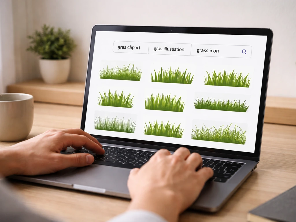 Anonieme laptop met zoekpagina voor grasclipart-termen in een rustige thuiskantooromgeving