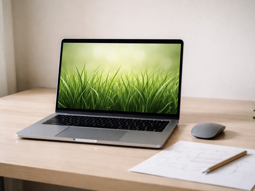 Volledig scherm preview op laptop met grasclipart, met focus op scherpte, randen en achtergrond