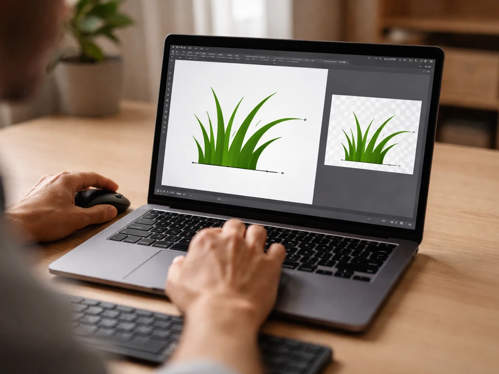 Handen die een grasclipart-SVG bewerken in Inkscape, met exportcontrole op transparante achtergrond.