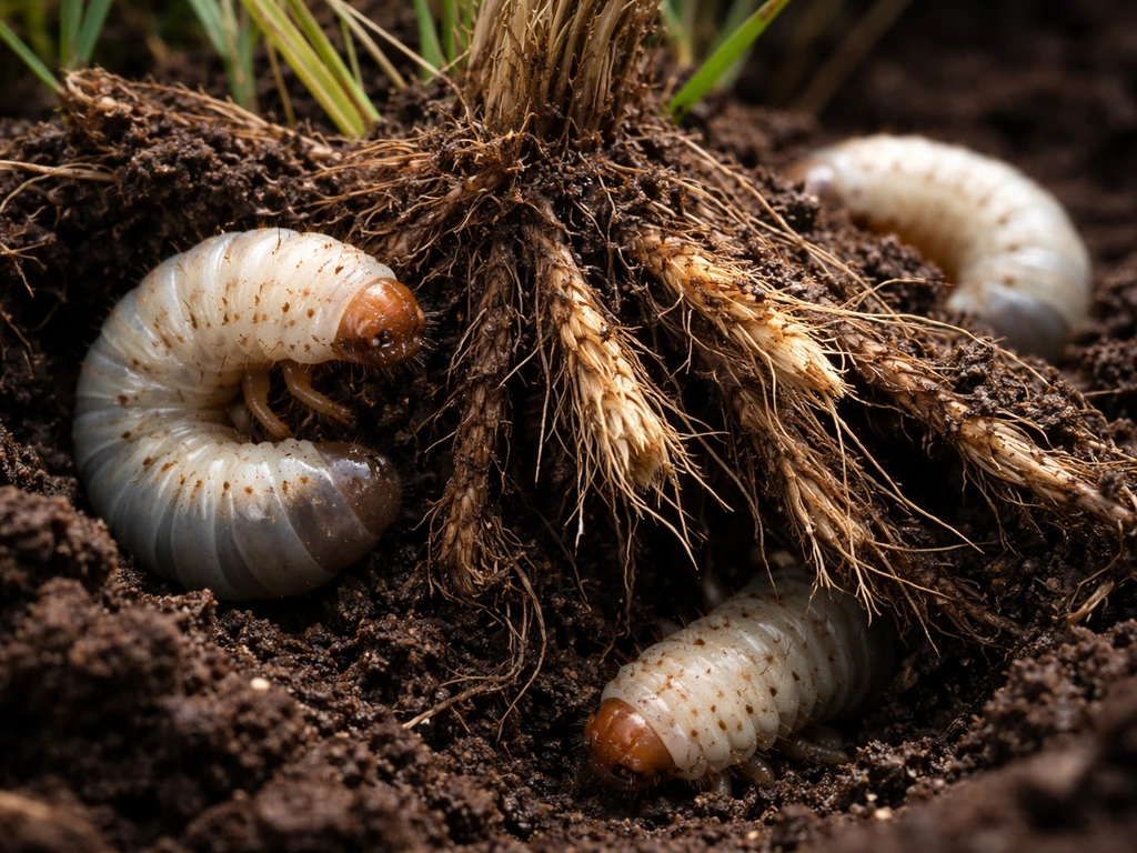 Macro van graswortels met zichtbaar engerlingen en rafelige worteluiteinden als teken van schade.