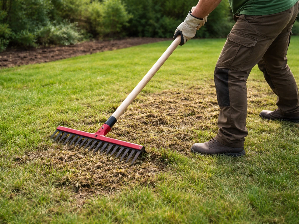 Een verticuteerwerktuig dat in het gras snijdt op een gazon, terwijl de tuinier verdichting en vilt aanpakt.