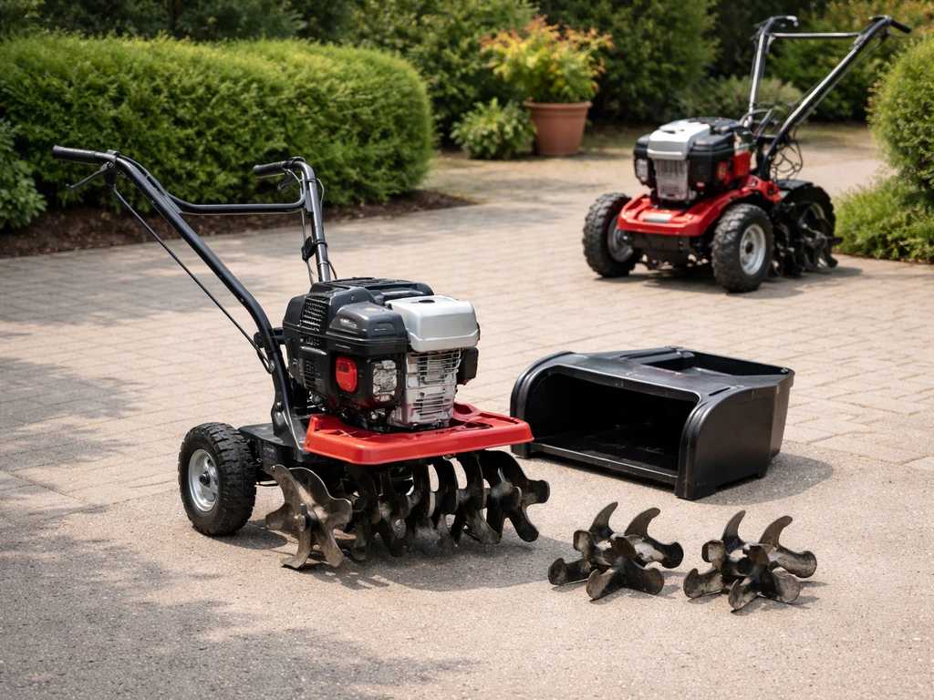 Overzicht van compacte en zwaardere grasfrezen met diepte-instelling en losse onderdelen op een tuinpad