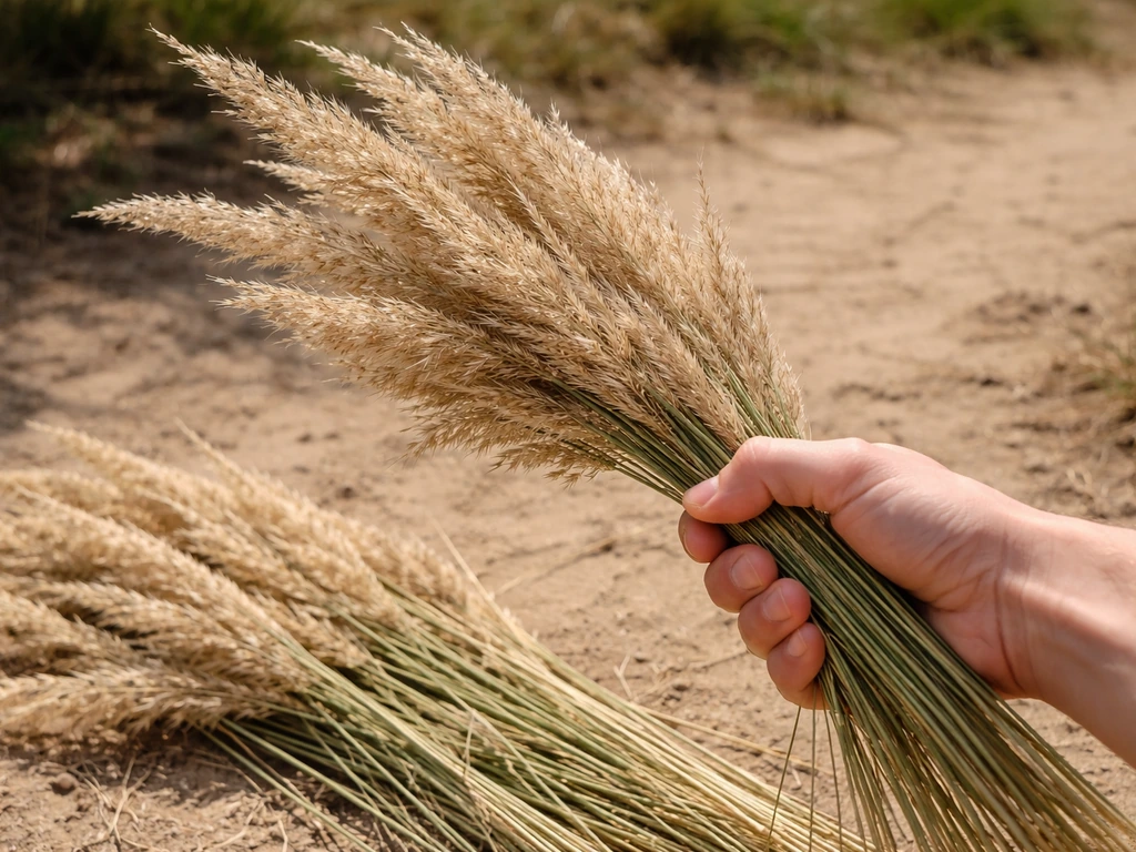 Siergraspluimen met geoogste stengels op droge grond buiten, klaar voor het juiste oogstmoment