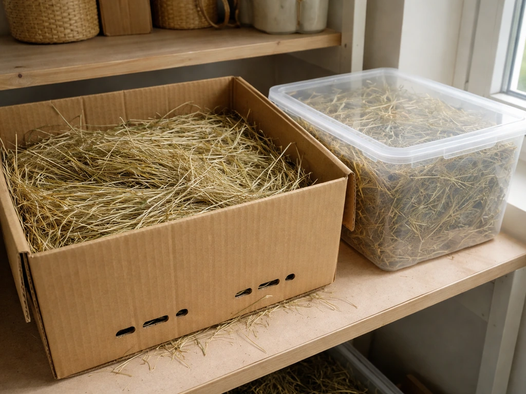 Gedroogd gras in kartonnen dozen naast droog gras in plastic bakje, om schimmel te voorkomen.