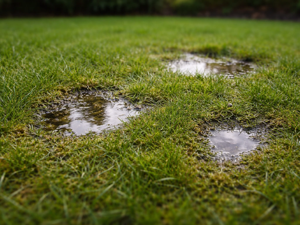 Close-up van een gazon met verdichte, vochtige plekken waar water blijft staan en mos begint te groeien
