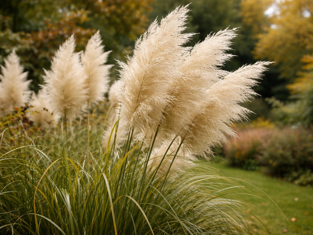 Witte pampasgraspluimen volledig opengeslagen in een tuin in late zomer/herfst, close-up van één plant.