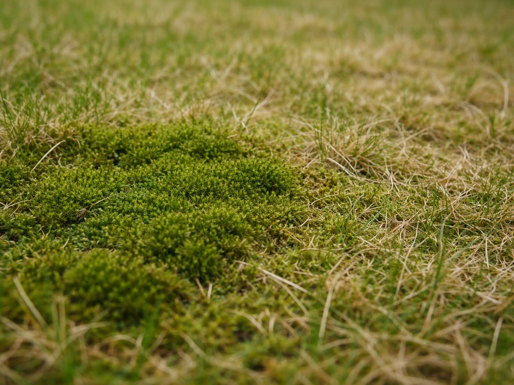 Close-up van mos tussen graspolletjes met daarnaast dun en verzwakt gras zichtbaar.