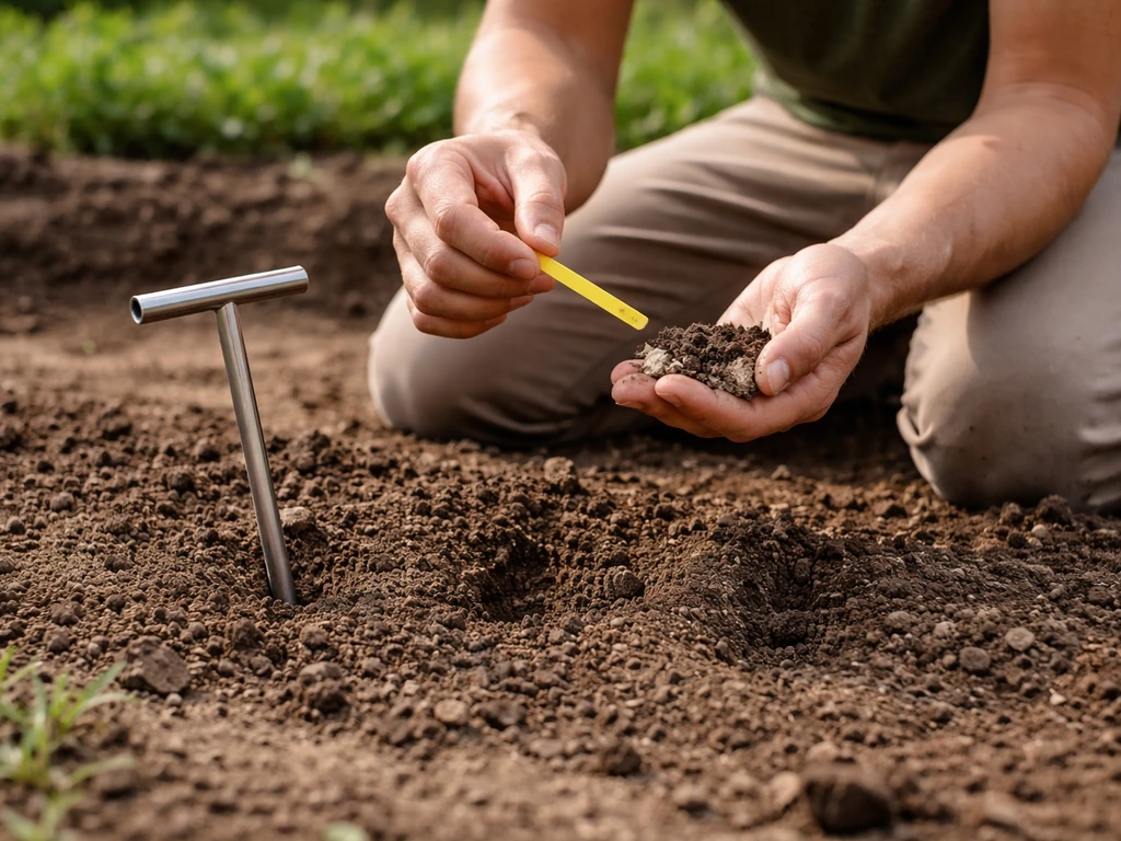 Iemand knielt in de tuin en houdt een pH-teststrip met grond vast, met zicht op een grondboor in de aarde.