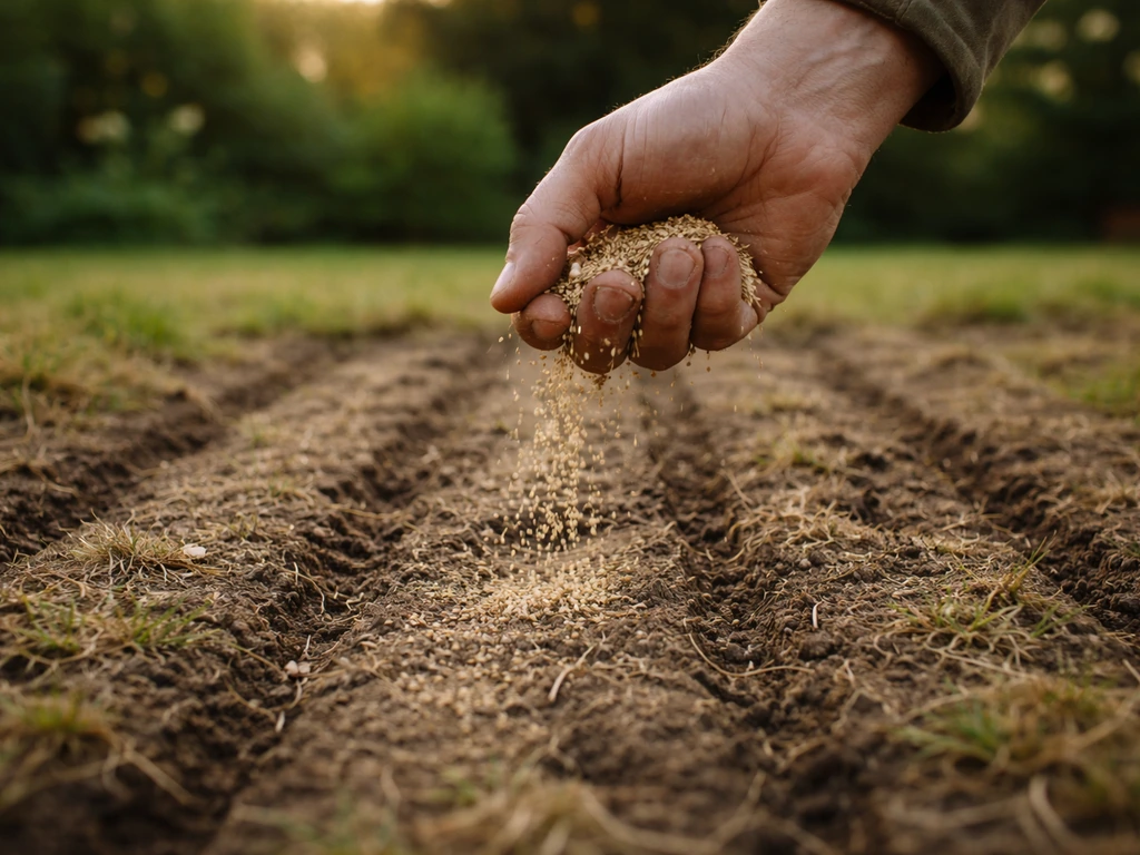 Hand strooit grasmengselzaad over kale plekken in het gazon na verticuteren.