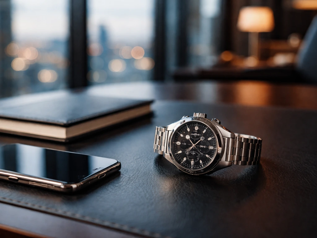 Minimal desk scene with a luxury watch and smartphone, evoking executive finance and brand leadership