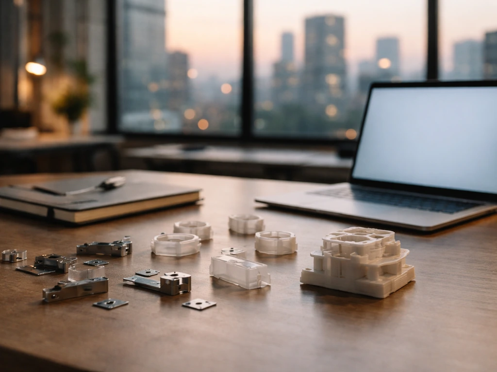Minimal photo of a design studio desk with prototype parts and a blurred city skyline, symbolizing tech wealth analysis.