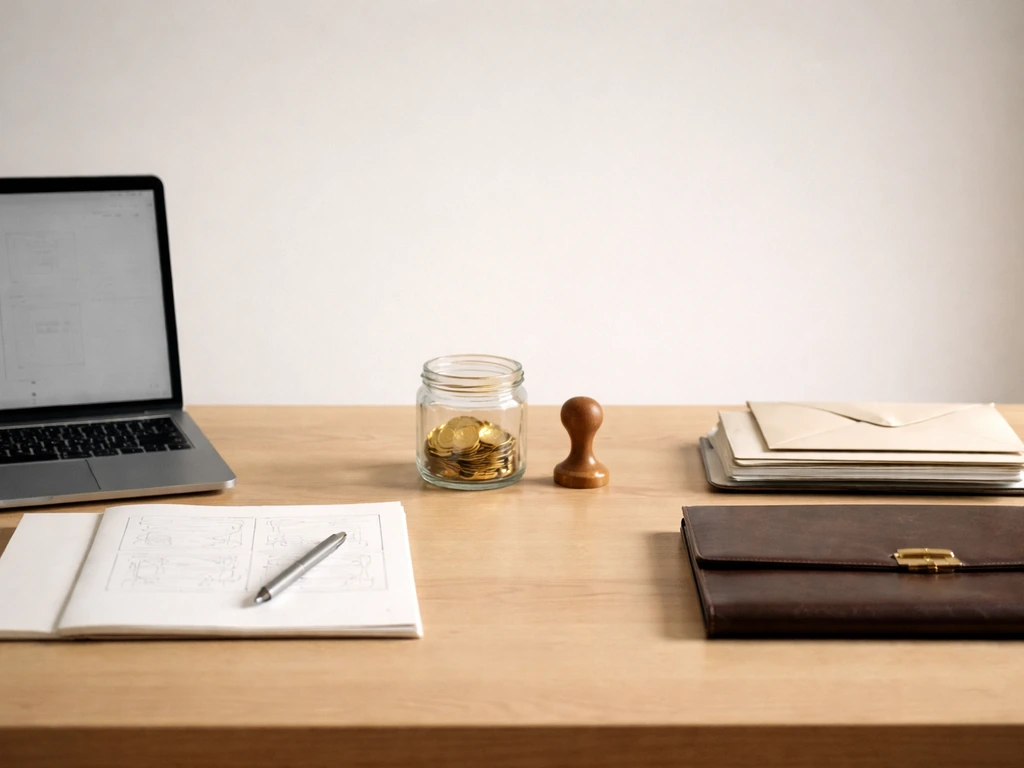 Minimal desk scene with laptop, gold tokens in a jar, and envelopes/folder to symbolize three wealth layers.