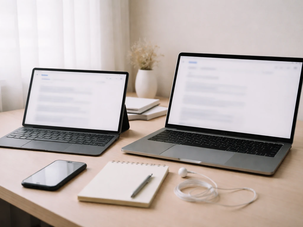 Desk scene with two blank-looking devices and a phone, suggesting online verification research for company funding.