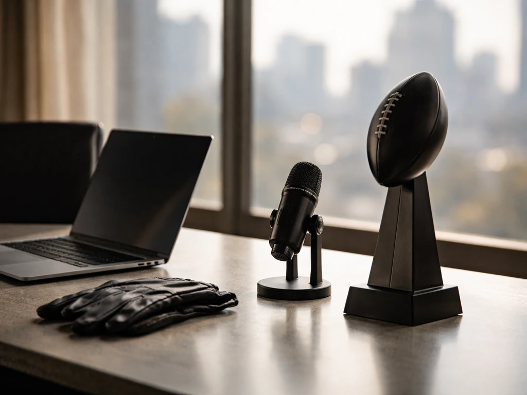 Minimal luxury office desk with football-themed trophy and podcast microphone, city bokeh, no people.