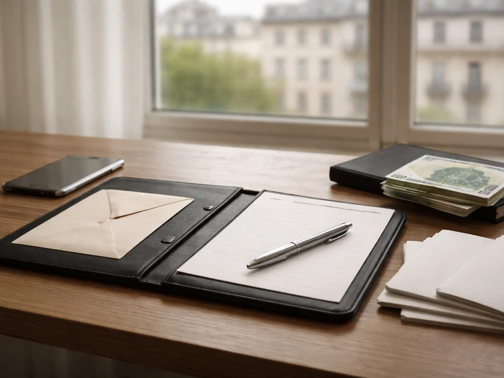 Sports finance desk with envelope, phone, documents, and Euro cash on a wooden table.