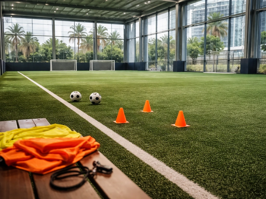 Empty football training pitch inside a Dubai sports academy with goal and training cones