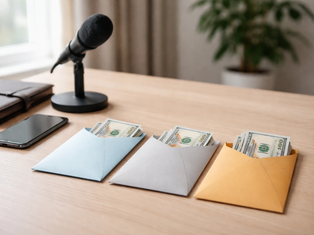 Minimal desk scene with three colored envelopes and cash stacks, plus a microphone, symbolizing low/likely/high.