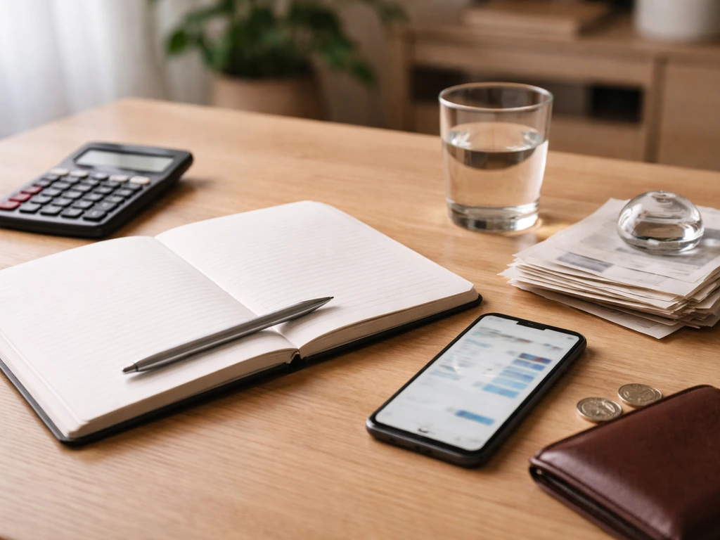 Minimal home-office desk with calculator, blank notebook, documents, and coins symbolizing a net-worth estimate breakdow