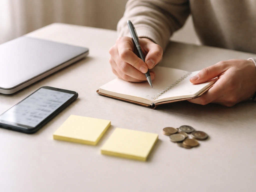 Anonymous hands writing on a notebook at a desk with coins and blurred finance-related devices.