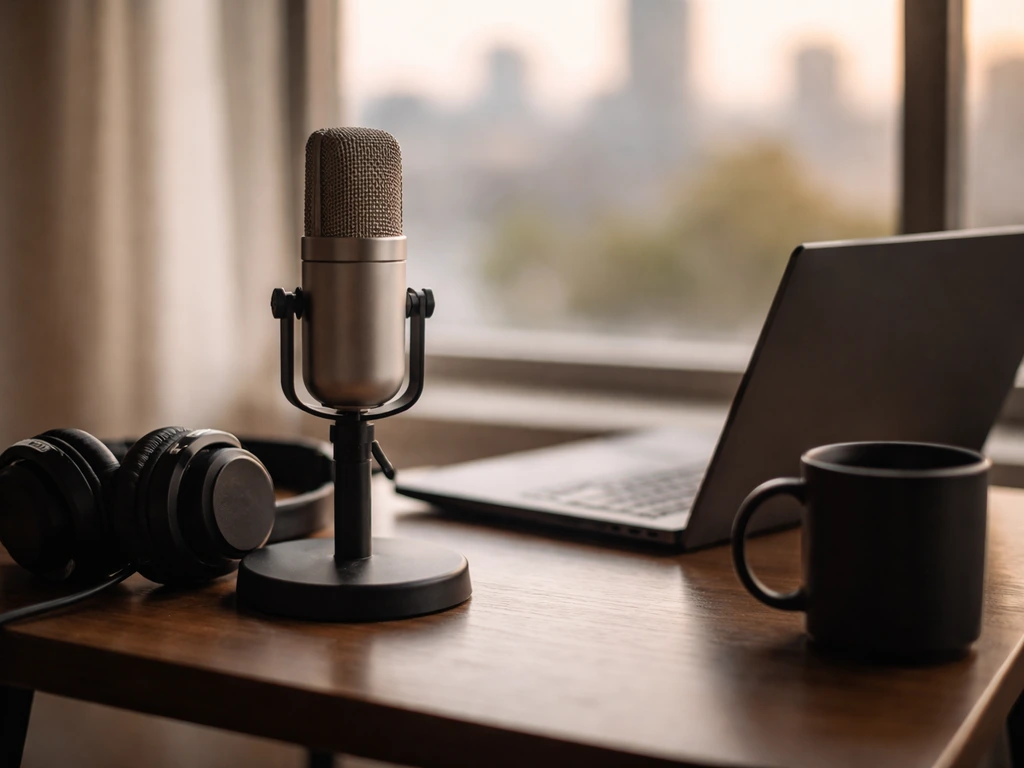 Minimal studio scene with a microphone and warm light symbolizing Haitian-American musician-entrepreneur identity