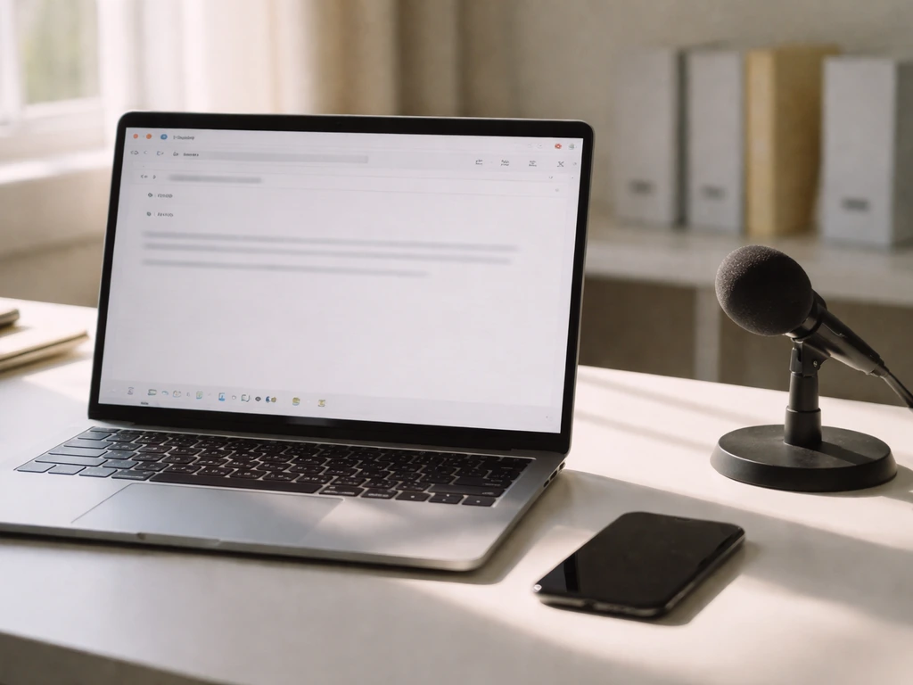 Close-up of a laptop and phone on a desk with a small microphone, suggesting press releases/newswire work.
