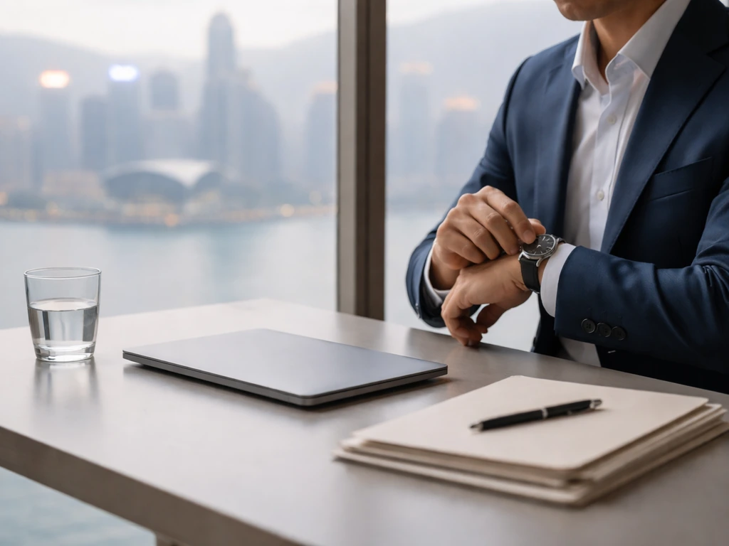 Hong Kong private equity vibe: anonymous investor at a desk with a city view outside the window