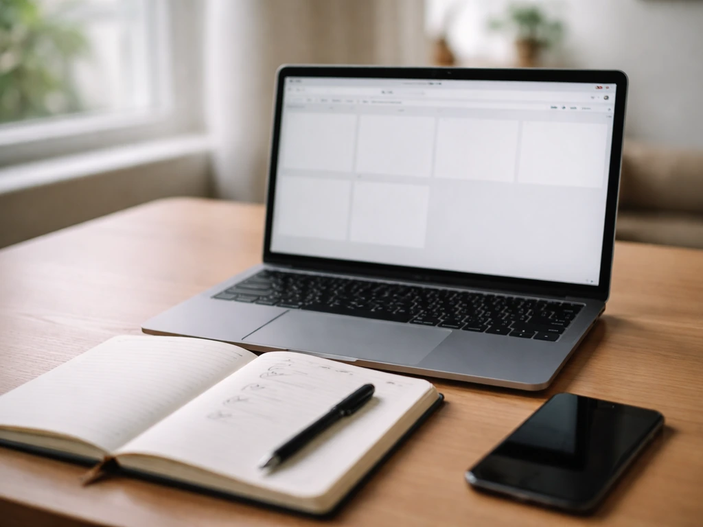 Minimal office scene with a laptop showing open browser tabs for checking and verifying sources
