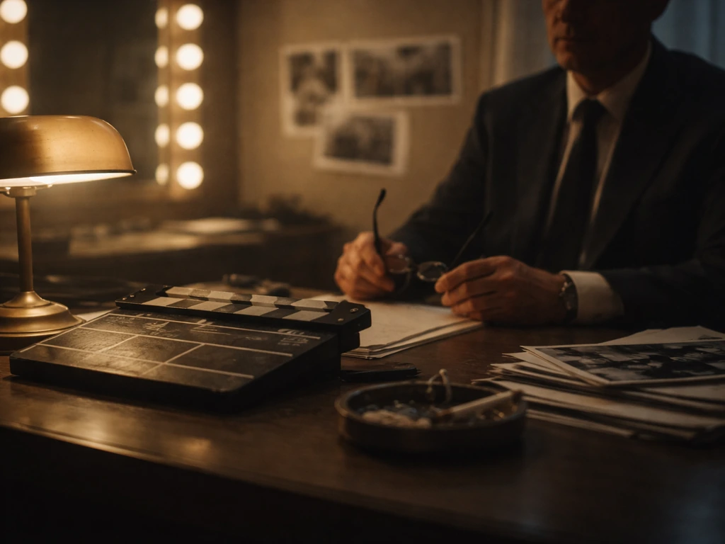 Anonymous film executive at a desk with a clapperboard and vintage movie stills, 1950s Hollywood vibe
