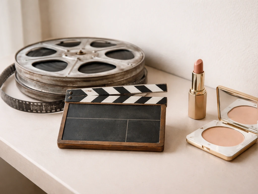 Vintage film reel and clapperboard on a desk with cosmetics items nearby