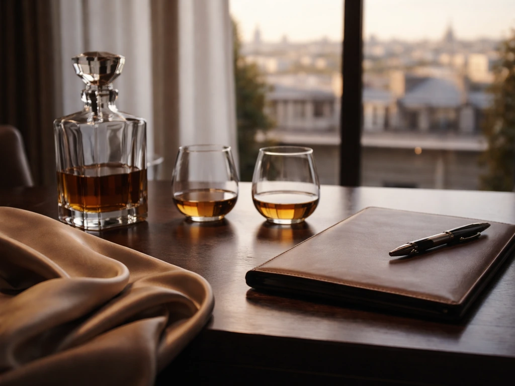 Luxury fashion-fragrance business setting with an elegant desk and soft city light, symbolizing a famed family legacy