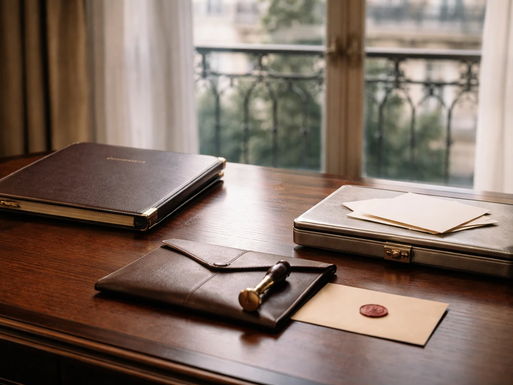 Minimal desk scene with corporate folders, sealed documents, and a portfolio case suggesting family wealth structure