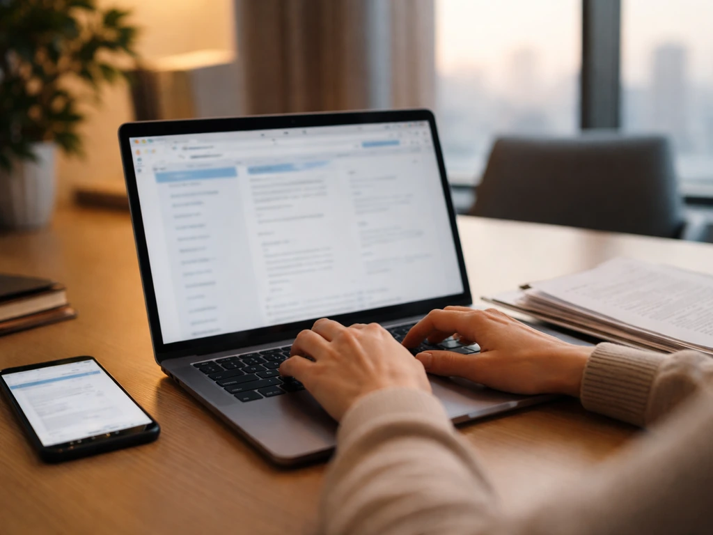 Minimal photo of a person using a laptop to verify an executive biography on a business website