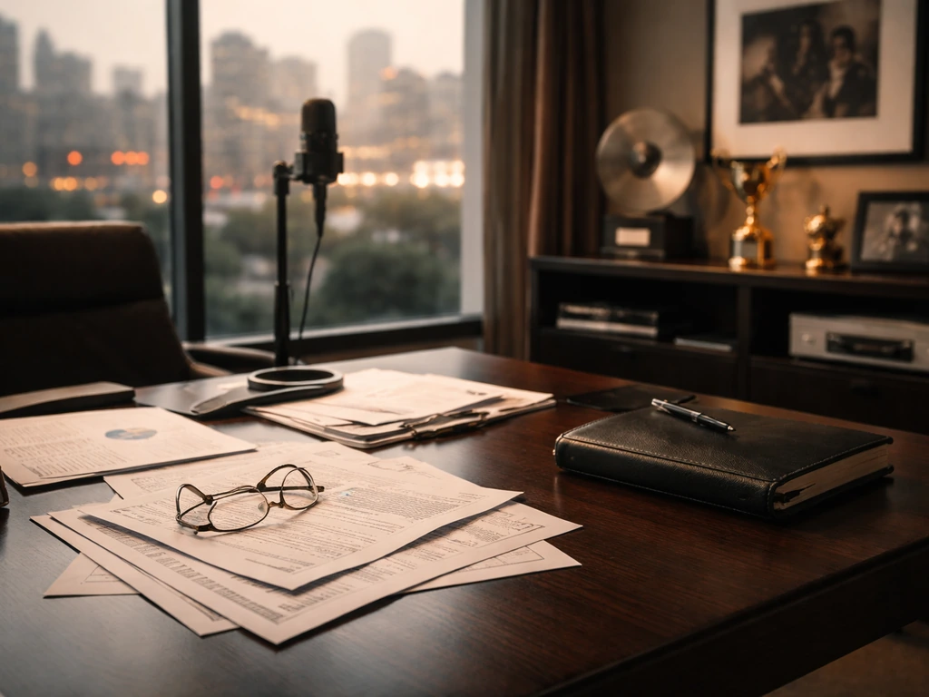 Minimal entertainment office with business documents, a studio microphone, and framed photo—symbolizing a music-manager