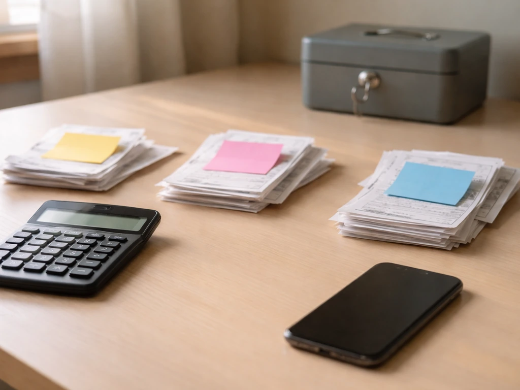 Single desk with scattered receipts and a calculator beside a small locked box symbolizing unseen assets