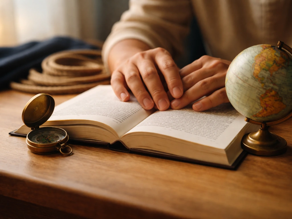 French-Canadian author theme: book pages and a minimalist desk with a softly lit compass-like globe