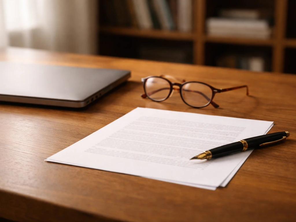 Minimal author desk scene with a printed trade bulletin and pen, suggesting publisher/royalty signals.