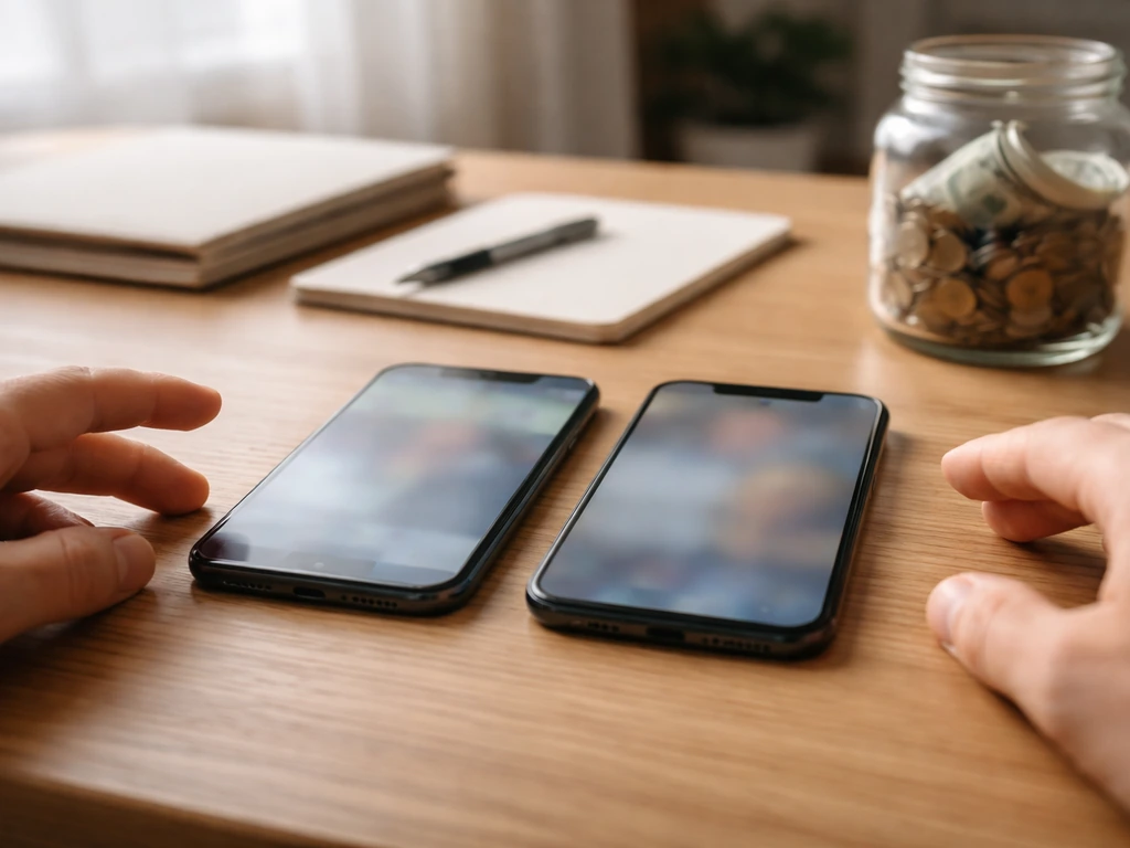 Two hands holding smartphones with different financial-looking pages, symbolic of conflicting net-worth figures