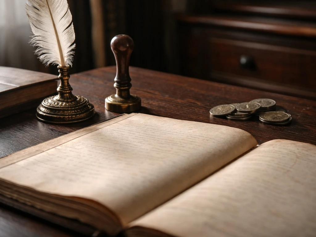 A close-up of aged parchment, an iron seal stamp, coins, and a quill on a wooden desk, symbolizing wealth and records.