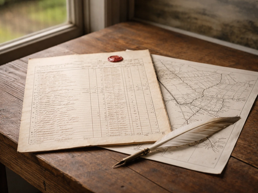 Archival ledger-like pay record and rural estate papers on a wooden desk by a window, minimal and realistic