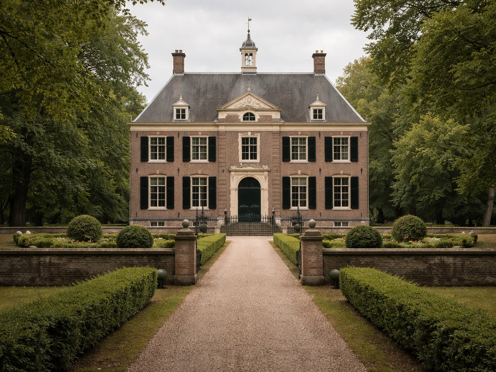 Dutch ridderhofstad manor exterior with courtyard path and hedged garden, no people, calm overcast light.