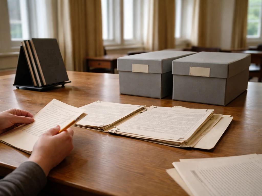 Quiet archive reading room with archival boxes and papers, suggesting independent claim verification