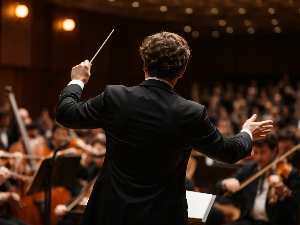 Anonymous conductor on a concert stage conducting an orchestra under warm lights