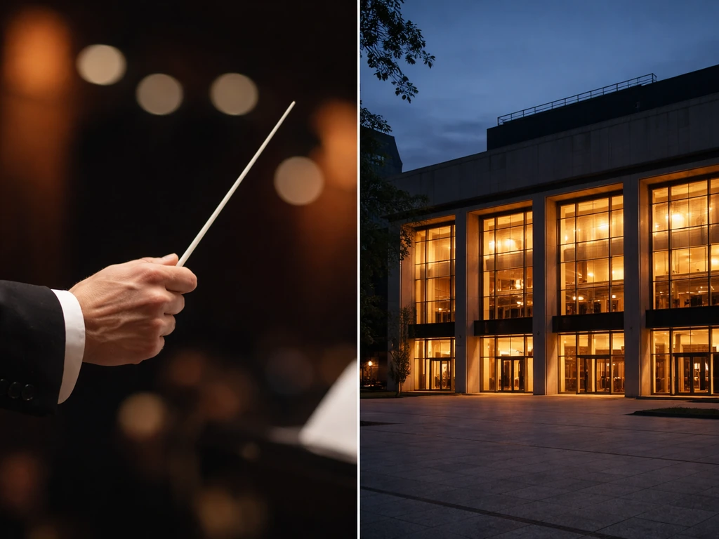 Close-up baton in hand with a softly lit Montreal concert hall exterior in the background